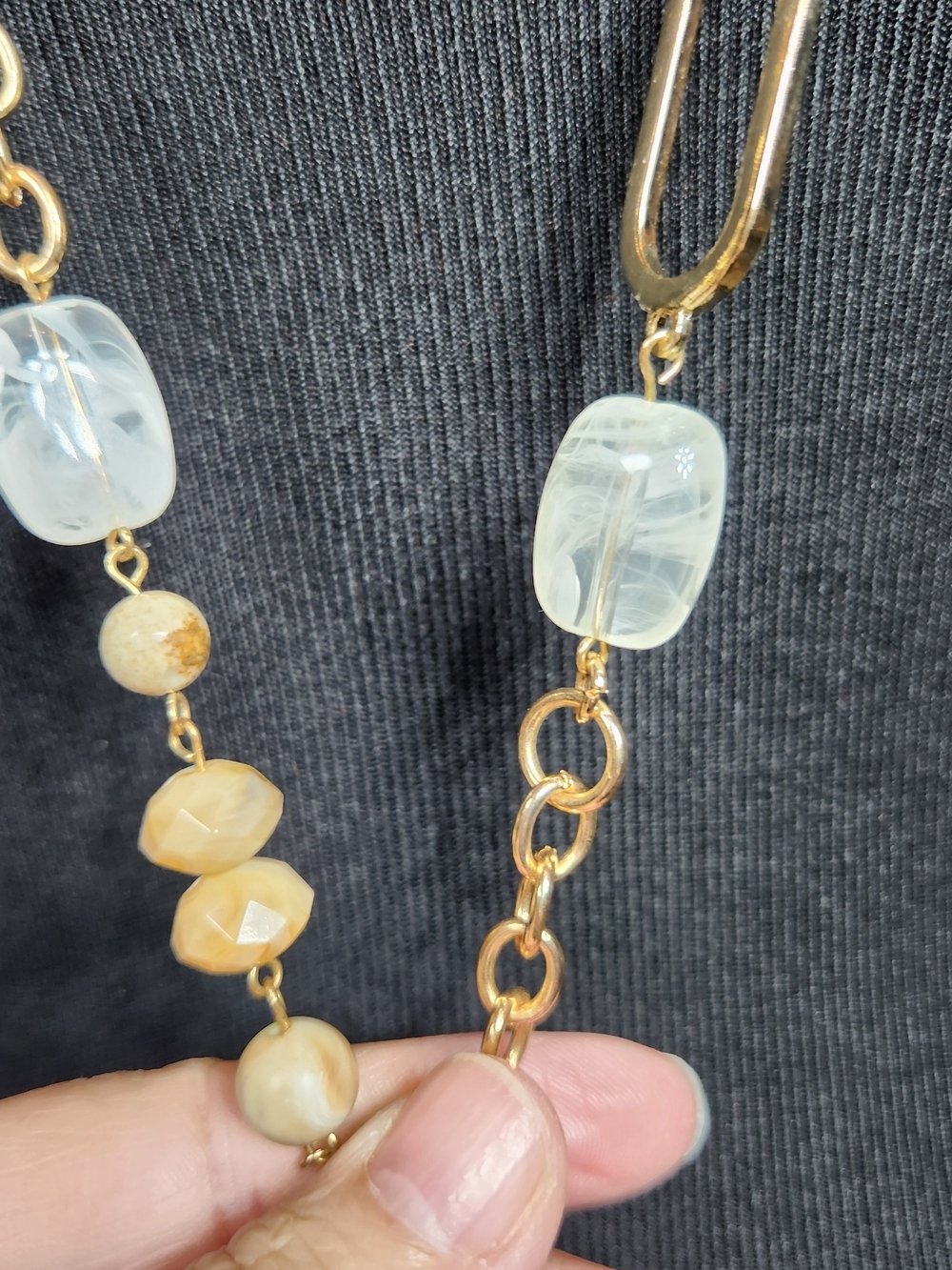Gold-Tone 36" Long Necklace with Tan Beads and Clear And Hammered Accents - Picture 4 of 7